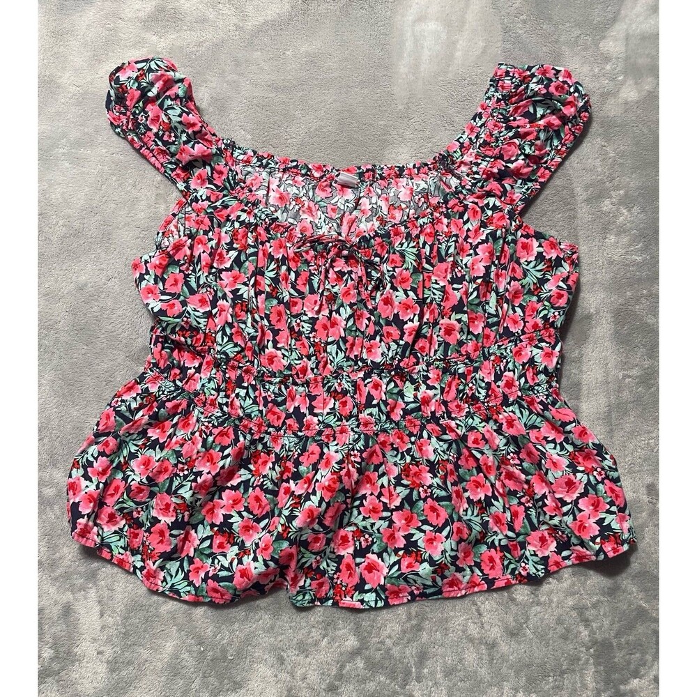 Old Navy Pink Floral Smocked Cap Sleeve Top Peasant Cottagecore Milk Maid XXL